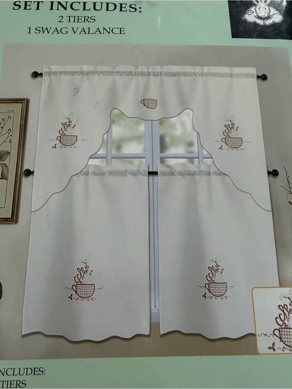Embroidered Coffee Motif White Kitchen Curtain Set
